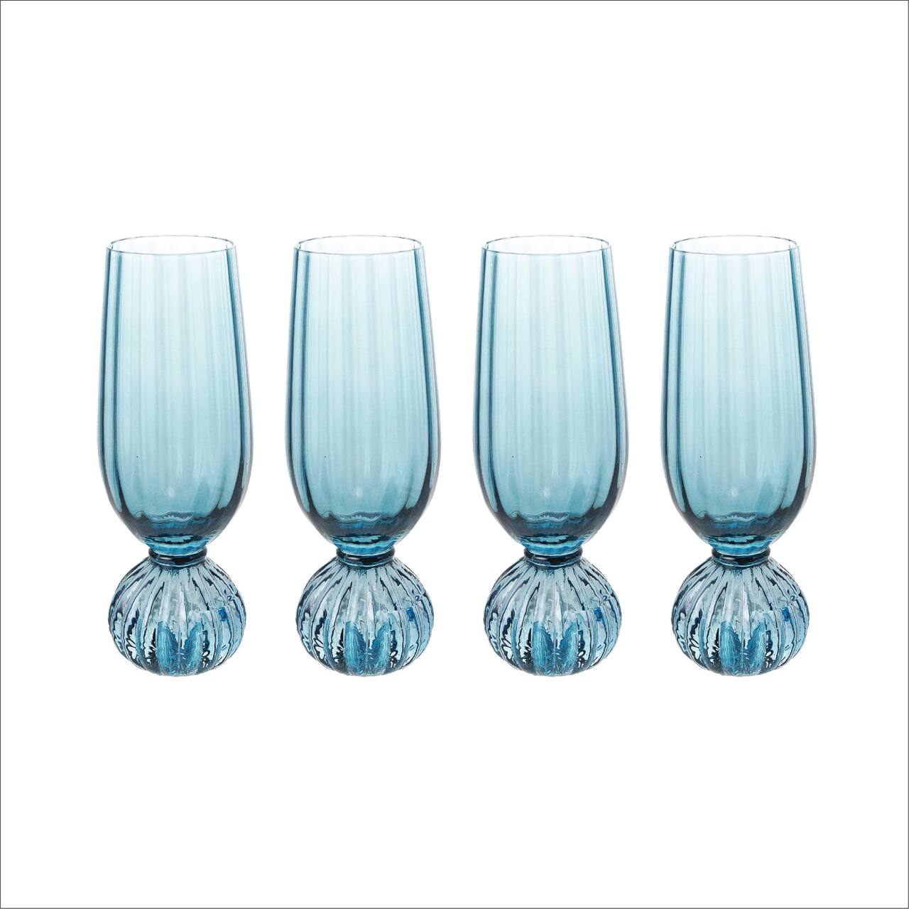 Hello Honey 8-Ounce Pleated Footed Champagne Glass, Blue, Set of 4